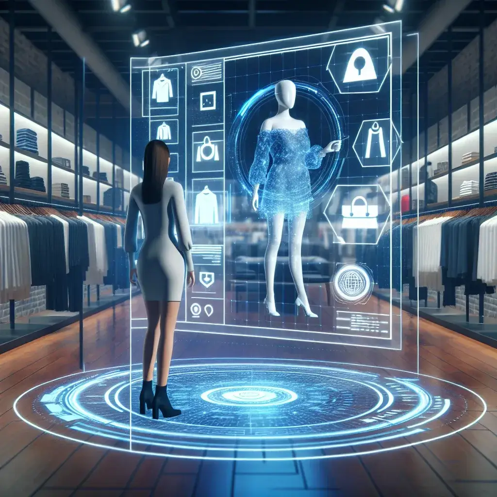 "Probador virtual en acción: cliente utilizando tecnología de realidad aumentada en una tienda de retail española para una experiencia de compra interactiva."
