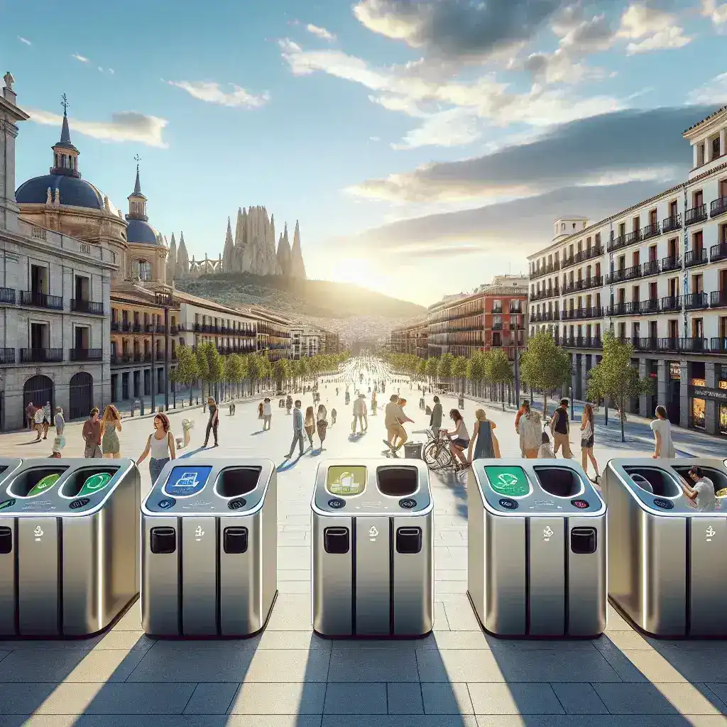 "Papeleras inteligentes en una ciudad española, mostrando tecnología de reciclaje automatizado y fomentando la sostenibilidad urbana."